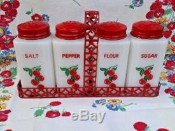 Vintage Tipp City Cherries Salt Pepper Flour Sugar With Original Rack