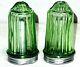 Vintage Uranium Green Glass 3 1/4 Moisture Proof Salt & Pepper Shakers Glows