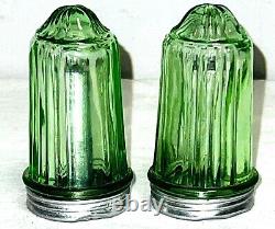 Vintage Uranium Green Glass 3 1/4 Moisture Proof Salt & Pepper Shakers Glows