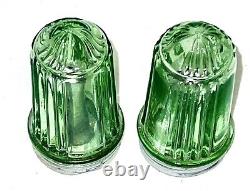 Vintage Uranium Green Glass 3 1/4 Moisture Proof Salt & Pepper Shakers Glows