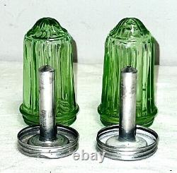 Vintage Uranium Green Glass 3 1/4 Moisture Proof Salt & Pepper Shakers Glows