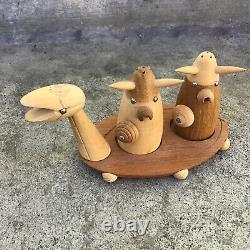 Vintage Viking Salt and Pepper Shaker Wooded 3 Piece Set with Ship Rare Japan