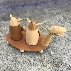Vintage Viking Salt and Pepper Shaker Wooded 3 Piece Set with Ship Rare Japan