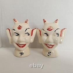 Vintage White Red Black Devil Satan Lucifer Figural Heads Salt & Pepper Shakers