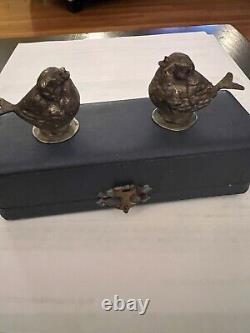 Vintage antique bird Silver Hallmarked Salt And Pepper Shakers With Box