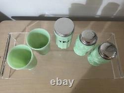 Vintage jadeite green glass salt pepper shakers, tumblers, and tea canister