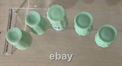 Vintage jadeite green glass salt pepper shakers, tumblers, and tea canister