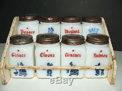 Vintage milk glass spice rack salt/pepper/ginger/cloves/cinnamon/nutmeg shakers