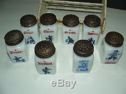 Vintage milk glass spice rack salt/pepper/ginger/cloves/cinnamon/nutmeg shakers