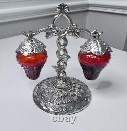 Vntg MCM Red Glass Hanging Strawberry Salt Pepper Shakers EXCELLENT COND