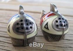 Vntg Mid-Century Scandinavian Sterling Silver ENAMEL FISH Salt & Pepper Shakers