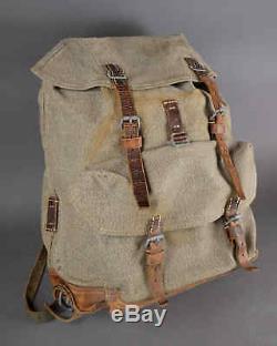 Vtg 1961 Swiss Army Military Rucksack Leather Canvas Salt & Pepper Backpack 60s
