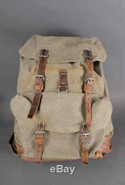 Vtg 1961 Swiss Army Military Rucksack Leather Canvas Salt & Pepper Backpack 60s