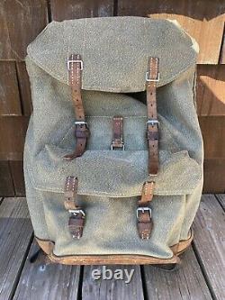 Vtg 1968 SWISS ARMY Salt & Pepper Canvas Leather Backpack Military Rucksack Pack