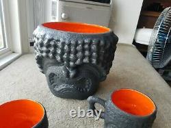 Vtg 40s 50s Ceramic Tiki Punch Bowl & Mug Set Salt Pepper Shakers Textured