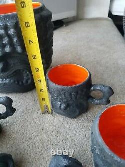 Vtg 40s 50s Ceramic Tiki Punch Bowl & Mug Set Salt Pepper Shakers Textured