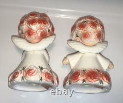 Vtg Lefton Pink Roses Girls Porcelain Angel Salt & Pepper Shakers Japan 3.5