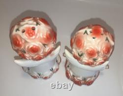 Vtg Lefton Pink Roses Girls Porcelain Angel Salt & Pepper Shakers Japan 3.5