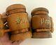 Vtg MCM S&P Salt Pepper BARREL SHAKERS Stein HANDLED Copper Band Wood Wooden