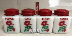 Vtg McKee Tipp City Milk Glass Salt/Pepper/Flour/Sugar & Holder Set
