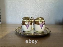 Vtg NIPPON Hand Painted Grape Motif Ceramic Condiment Set With Gold Trim On Tray