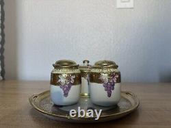 Vtg NIPPON Hand Painted Grape Motif Ceramic Condiment Set With Gold Trim On Tray