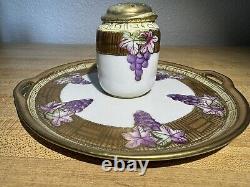 Vtg NIPPON Hand Painted Grape Motif Ceramic Condiment Set With Gold Trim On Tray