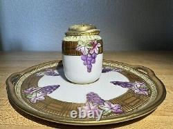 Vtg NIPPON Hand Painted Grape Motif Ceramic Condiment Set With Gold Trim On Tray