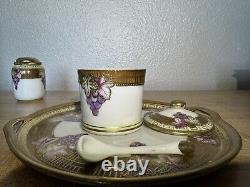 Vtg NIPPON Hand Painted Grape Motif Ceramic Condiment Set With Gold Trim On Tray