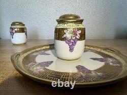 Vtg NIPPON Hand Painted Grape Motif Ceramic Condiment Set With Gold Trim On Tray