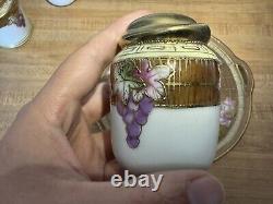 Vtg NIPPON Hand Painted Grape Motif Ceramic Condiment Set With Gold Trim On Tray