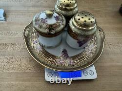 Vtg NIPPON Hand Painted Grape Motif Ceramic Condiment Set With Gold Trim On Tray