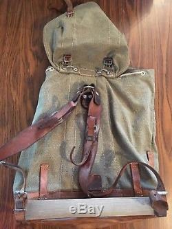 Vtg Swiss Army Military Canvas & Leather Salt & Pepper Backpack Rucksack