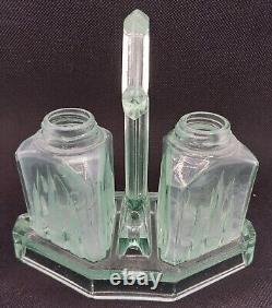 Vtg Uranium Vaseline Depression Glass Imperial Empire Salt Pepper Shaker & Caddy