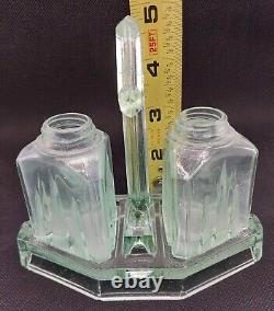 Vtg Uranium Vaseline Depression Glass Imperial Empire Salt Pepper Shaker & Caddy